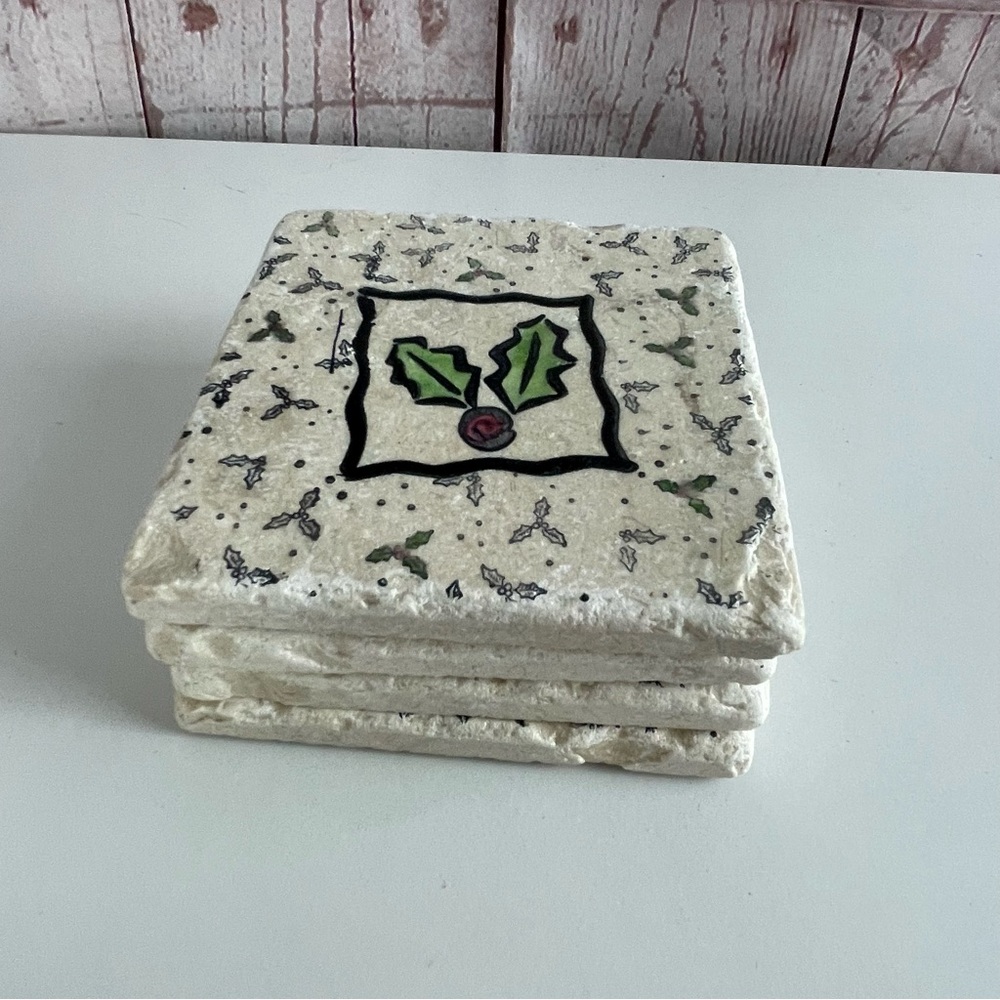 Christmas Coasters Sandstone,Tile? With Holly Beautiful Set Of 4 Country Cottage